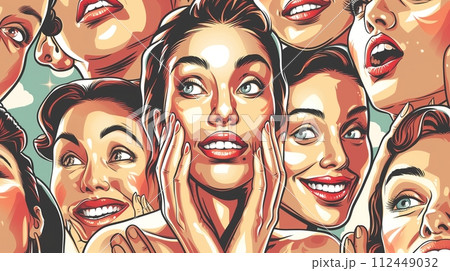 Collage of women's expressive faces in pop art style. AI Generated. 112449032