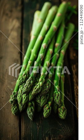 Close-up of green asparagus tips.  Food industry, Culinary arts. AI Generated. 112449090