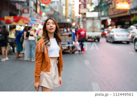 Beauty traveller female in city lifestyle chinatown street food market Bangkok 112449561