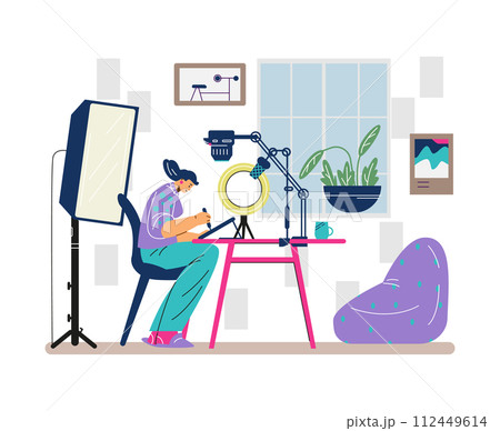 Smiling young girl video maker working flat style, vector illustration 112449614