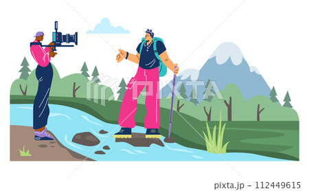 Filming travel blog or broadcast at nature, flat vector illustration isolated. 112449615