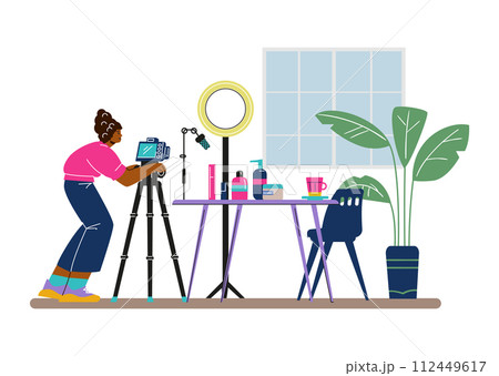 Beauty blogger recording makeup tutorial video, vector woman showing cosmetic products in front of camera visual content 112449617
