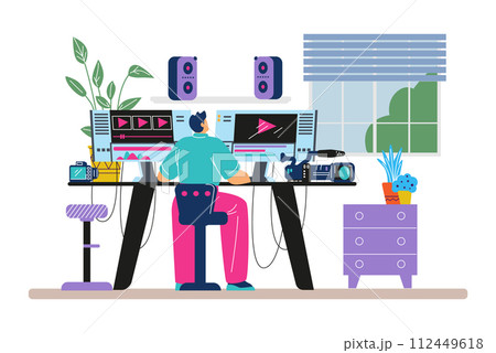 Video editor or maker creates movie or clip, flat vector illustration isolated. 112449618