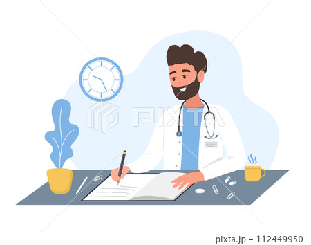 Doctor writing medical prescription. Man in white medical coat sitting at table and write recipe for patient. Healthcare and pharmacy concept. Vector illustration in flat cartoon style Doctor writing medical prescription. Man in white medical coat sitting at table and write recipe for patient. Healthcare and pharmacy concept. Vector illustration in flat cartoon style 112449950