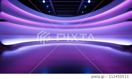 Electrifying stage: mesmerizing scenes LED panels, holographic displays, laser lights, ample copy space, dynamic banners, creating visual symphony for immersive events and cutting-edge presentations. 112450513