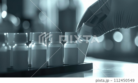 Medical pharmacy theme: empty clean bottles, containers, vials for advertising, presentation banners with copy space, showcasing pharmaceutical products mockup . 112450549