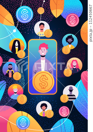 people with dollar coins discussing during virtual conference financial banking wealth transformation technology fintech business investment 112450667
