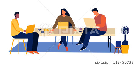 businesspeople working in creative co-working center freelancers using laptops during meeting horizontal 112450733