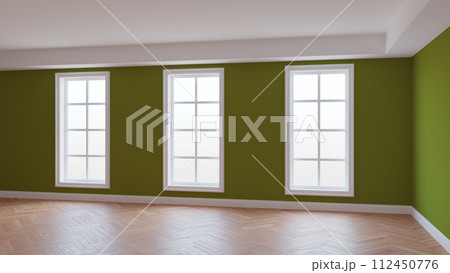 Interior with Khaki Walls, Three Large Windows, Light Glossy Herringbone Parquet 112450776