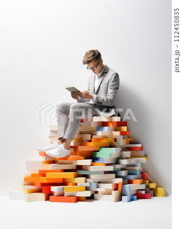 Immersing in narratives: a 3d animated character reading a book, education , immersed in the world of literature, act of reading. Immersing in narratives: a 3d animated character reading a book, education , immersed in the world of literature, act of reading. 112450835