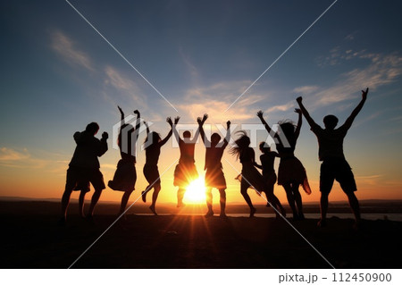 Peak triumph: silhouettes a top mountain, joyous group celebrates team success , embodying shared victories, harmonious collaboration, euphoria of collective achievement in nature's majestic embrace. Peak triumph: silhouettes a top mountain, joyous group celebrates team success , embodying shared victories, harmonious collaboration, euphoria of collective achievement in nature's majestic embrace. 112450900