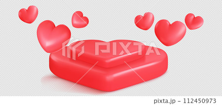 Red heart product podium with flying love symbols. 112450973