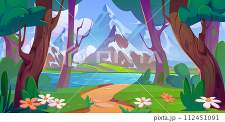 Summer landscape with forest, lake and mountains. Summer landscape with forest, lake and mountains. 112451091