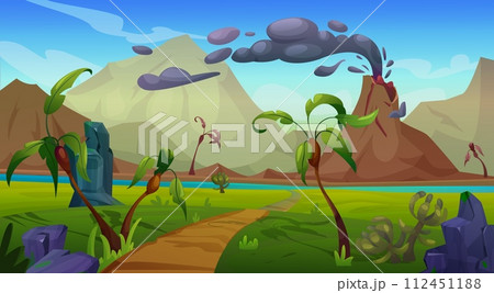 Prehistoric landscape with volcanic eruption Prehistoric landscape with volcanic eruption 112451188