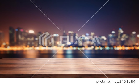 Blank wood tabletop with blurred night city skyline and river, showcase, nightlife, AI Generative 112451394
