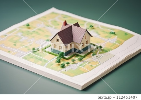 Photo of Small house model on map brochure paper Photo of Small house model on map brochure paper 112451407
