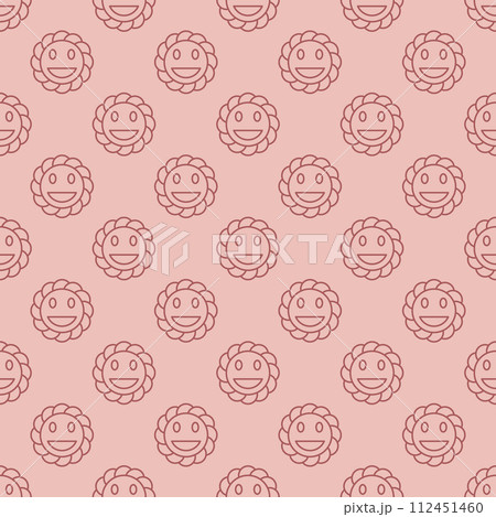 Happy Round Smiling Flower vector outline seamless pattern in Groovy style 112451460