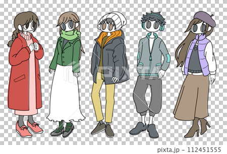 穿著厚衣服的男女全身插圖,5 件套 穿著厚衣服的男女全身插圖,5 件套 112451555