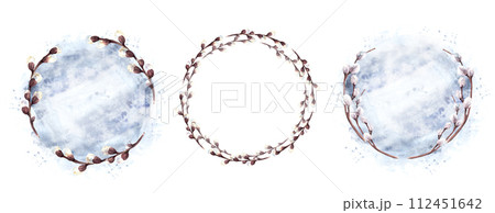 Flowering branches wreath set with pussy willow on watercolor stains background Hand drawn Illustration. Catholic, Orthodox, Lutheran, Easter decor, Palm Sunday spring greeting cards template Isolated Flowering branches wreath set with pussy willow on watercolor stains background Hand drawn Illustration. Catholic, Orthodox, Lutheran, Easter decor, Palm Sunday spring greeting cards template Isolated 112451642