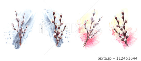 Springtime illustration of fuzzy willow tree set on watercolor yellow, pink, rosa spotted splashes background. Spring plant branches for Easter, Palm Sunday card Hand drawn watercolor Isolated clipart 112451644