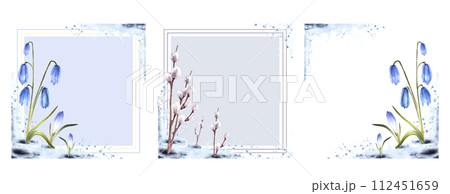 Watercolor painting primary flowers with blue scylla, pussy willow, snowdrops. Plant sprouting through the snow. Melting snow landscape spring greeting card set. Isolated illustration white background 112451659