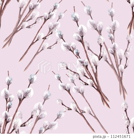Watercolor spring seamless pattern of pussy willow tree branches. Springtime plant. Easter, Palm Sunday religious Christian symbol, fabric print. Hand drawn illustration. Isolated coloured background 112451671