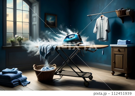 iron on ironing board with linen for ironing. 112451939