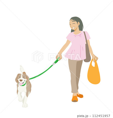 愛犬と散歩を楽しむ女性のイラスト 112451957