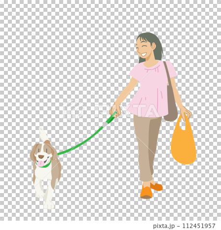 愛犬と散歩を楽しむ女性のイラスト 112451957