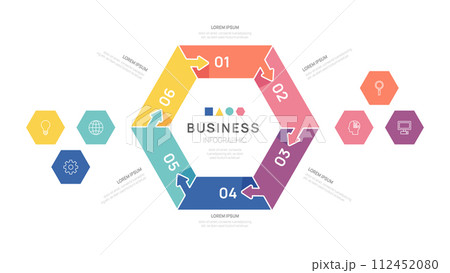 Infographic hexagon Jigsaw diagram template for business. Modern Timeline inbound step, digital marketing data, presentation vector infographics. 112452080