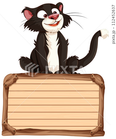 Cheerful Cat with Wooden Sign Illustration Cheerful Cat with Wooden Sign Illustration 112452637