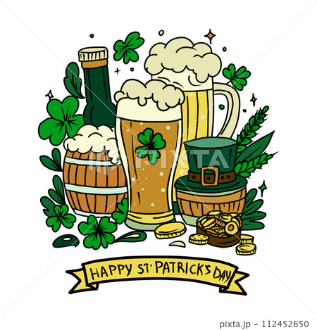 St. Patrick's Day vector illustration with beer, clover leaves, hat, pot of gold and coins. St. Patrick's Day vector illustration with beer, clover leaves, hat, pot of gold and coins. 112452650