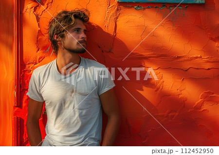 A man in a white shirt stands in front of an orange wall 112452950