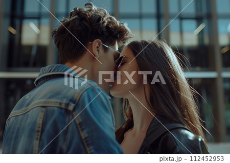 A couple kissing in front of a building 112452953