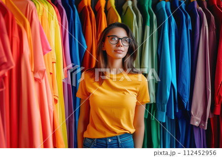 A woman in a yellow shirt stands in front of a rack of colorful clothes 112452956