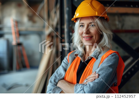 A woman wearing a yellow hard hat and orange vest stands in front of a wall 112452957