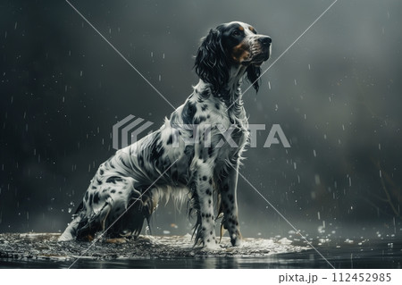 A dog is standing in the rain, looking up at the camera A dog is standing in the rain, looking up at the camera 112452985