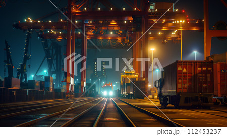 Illuminated cargo containers and cranes at a busy commercial shipping port during the night. 112453237