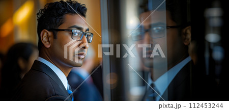 A man in a suit is looking out a window A man in a suit is looking out a window 112453244