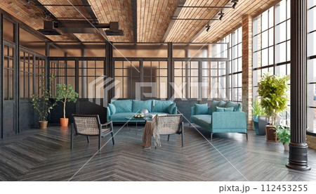 A modern loft living room with a couch, a coffee table A modern loft living room with a couch, a coffee table 112453255