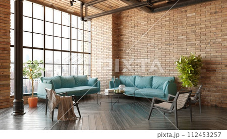 A modern loft living room with a couch, a coffee table A modern loft living room with a couch, a coffee table 112453257