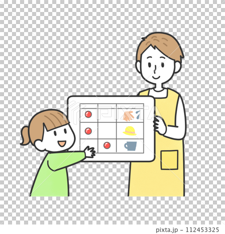 ホワイトボードを使って準備する女の子と保育士 112453325