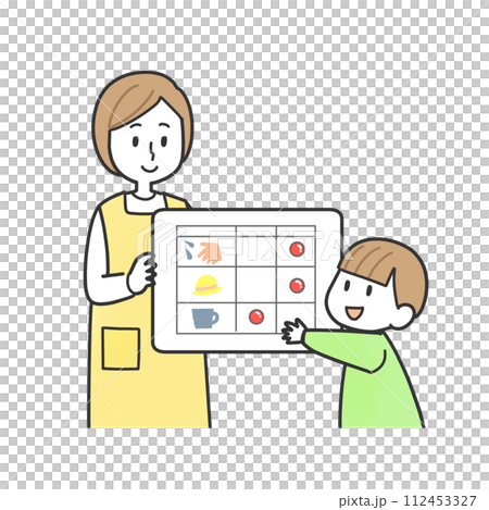 ホワイトボードを使う男の子と保育士 112453327