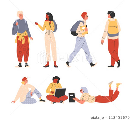 Students in casual clothes with backpack, laptop, book, smiling teenagers vector set, cartoon youth friendly characters Students in casual clothes with backpack, laptop, book, smiling teenagers vector set, cartoon youth friendly characters 112453679