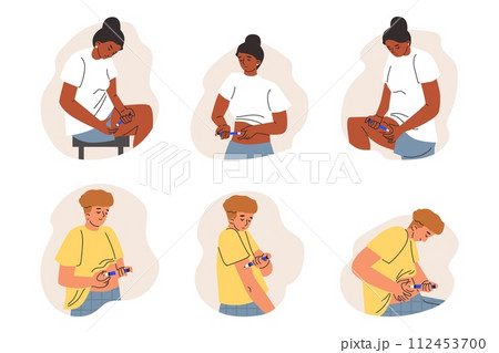 Set of sad men and women making self injections into different parts of bodies 112453700