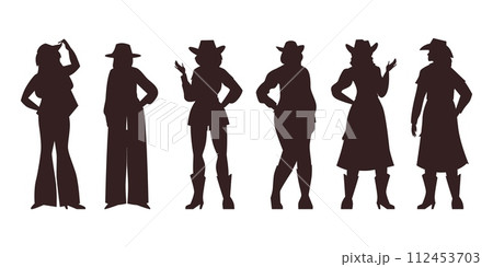 Silhouettes set of cowgirls or western horsewomen, flat vector isolated. 112453703
