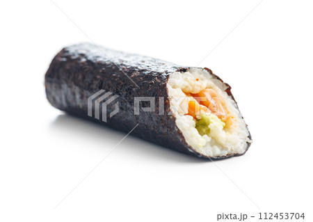 Close Up of a Sushi Roll on White Background Close Up of a Sushi Roll on White Background 112453704