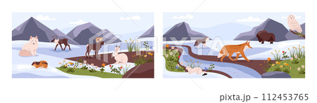 Tundra wild animals and plants on nature landscape with mountains and river vector set, Northern taiga flora and fauna Tundra wild animals and plants on nature landscape with mountains and river vector set, Northern taiga flora and fauna 112453765