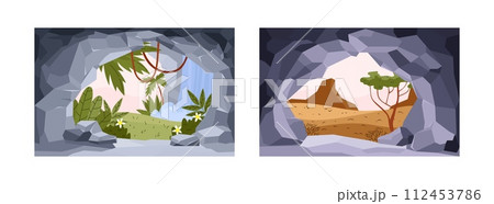 View from stone caves entrance. Vector illustration in cartoon flat. View from stone caves entrance. Vector illustration in cartoon flat. 112453786
