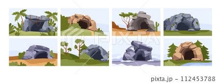 Stone caves, set of vector illustration in colored flat cartoon style Stone caves, set of vector illustration in colored flat cartoon style 112453788